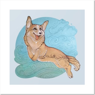 Corgi, flying in the clouds. Welsh Corgi, joyful and friendly dog. Posters and Art